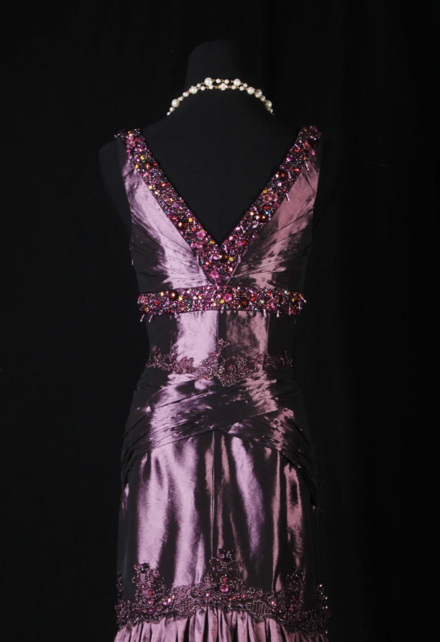 Vintage Purple V Neck Satin Beaded Mermaid Evening Dress Long Birthday Party Gown - View 7 | VelvetHem