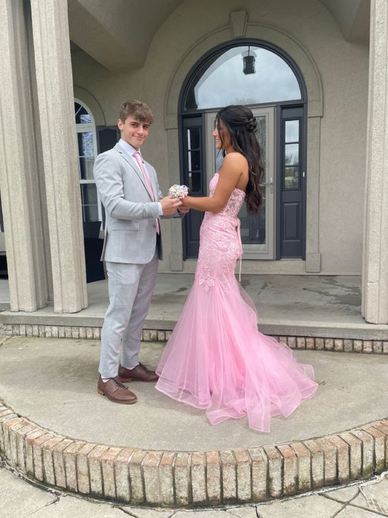 Pink Strapless Tulle Appliques Mermaid Long Prom Dress - VelvetHem