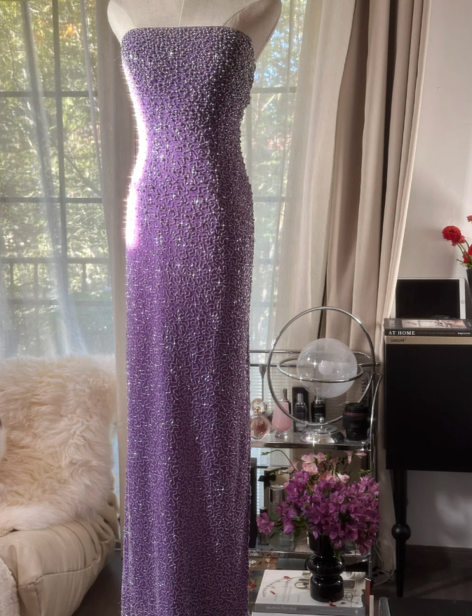 Glamorous Strapless Purple Chiffon Beaded Sheath Slit Prom Dress Long Party Gown - View 2 | VelvetHem