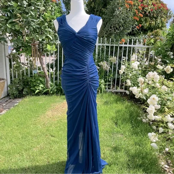 Vintage Mermaid Navy Blue Pleated Floor Length Party Dress Prom Dress - View 4 | VelvetHem