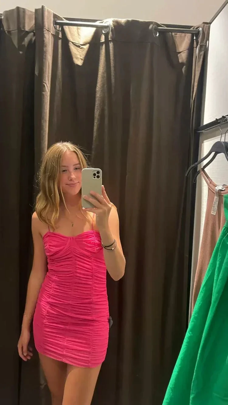 Spaghetti Straps Hot Pink Homecoming Dress Hot Pink Dress (ZD12757)