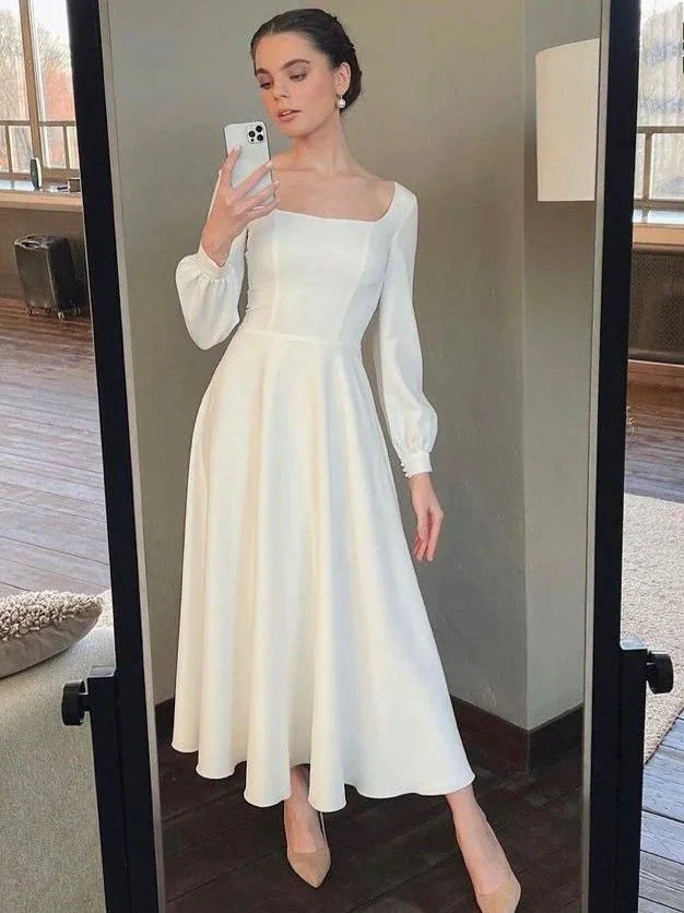 Classic White Square Neckline Wedding Dress,White Engagement Dress (ZD13677)