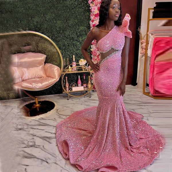 Pink Beaded Sequins Evening Dress One Shoulder Mermaid Prom Dress Y6681 - VelvetHem