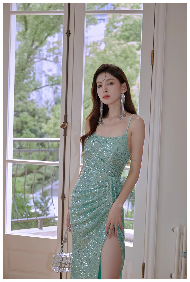 Sparkly Spaghetti Straps Mint Green Sequin Mermaid High Slit Long Prom Dress Evening Dress - View 7 | VelvetHem