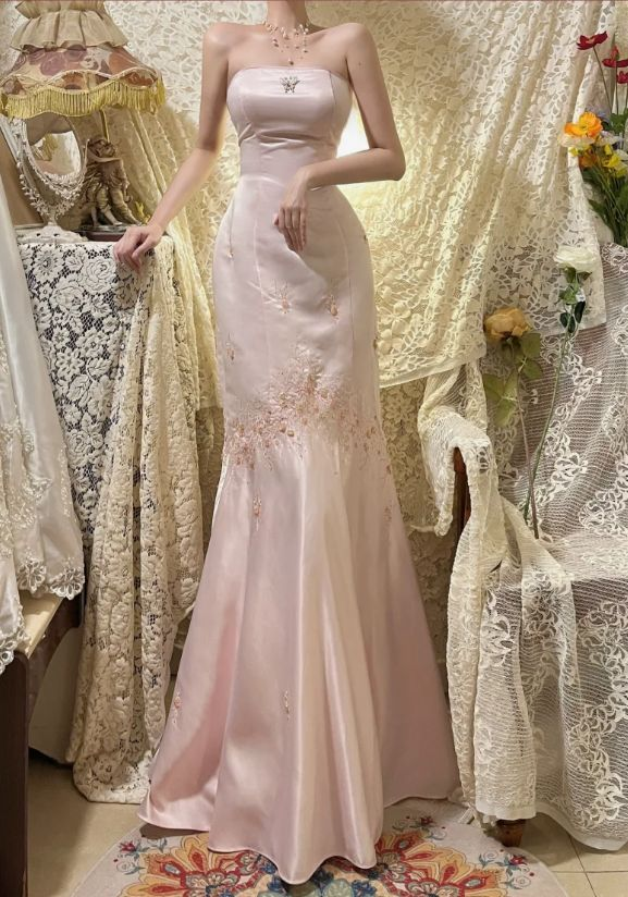 Classy Pink Strapless Satin Sequin Beaded Long Mermaid Evening Dress Party Gown - View 2 | VelvetHem