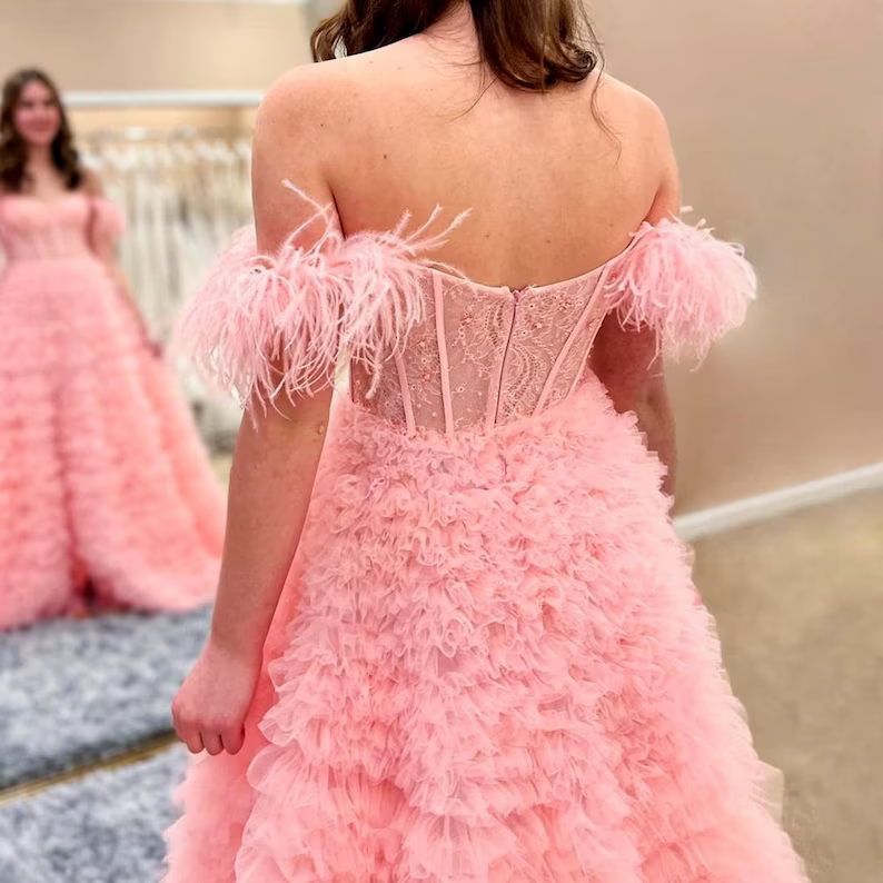 Pink Tulle Ruffled Gown, Off Shoulder Tulle Dress, Tulle Prom Dress, Corset Tulle Ball gown, Graduation Dress - View 4 | VelvetHem