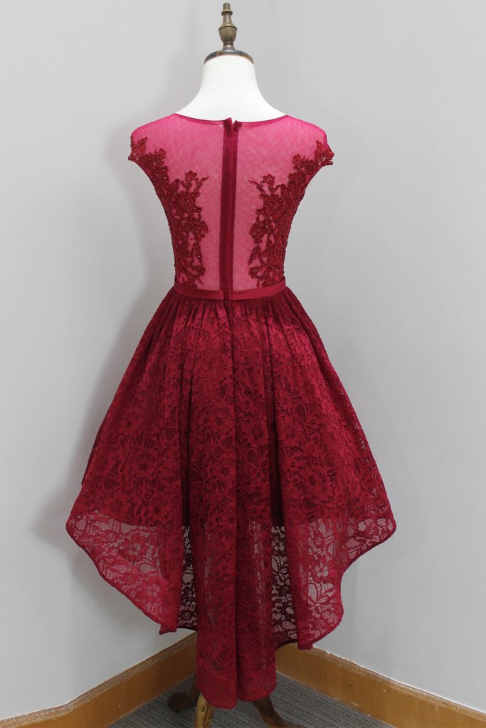 Lovely Wine Red Lace High Low Round Neckline Prom Dresses, Burgundy Homecoming Dresses, High Low Formal Dresses - View 2 | VelvetHem