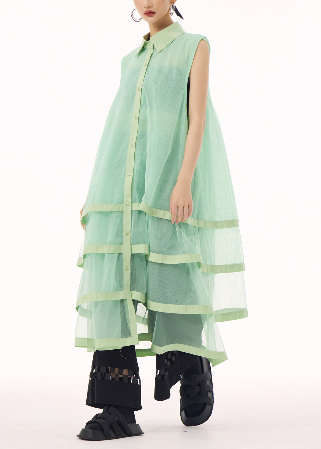 Unique Green Peter Pan Collar Tulle Patchwork Cotton Maxi Dresses Summer