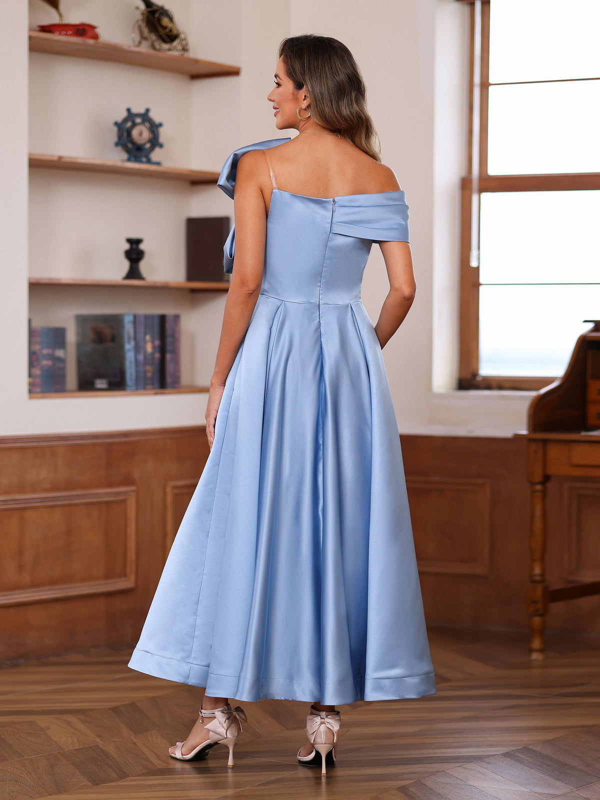 Unique Off the Shoulder A Line Sleeveless Mother of the Bride Dress with Bowknot Ankle Length