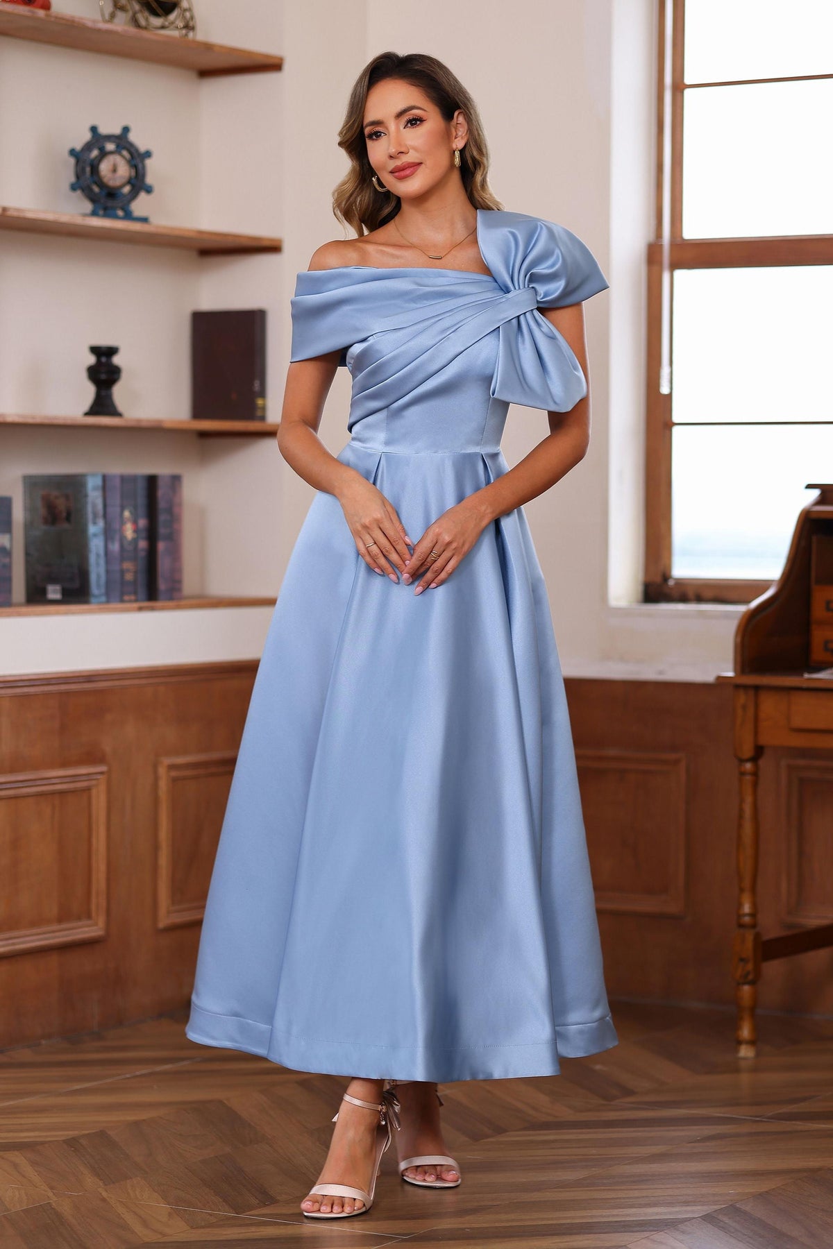Unique Off the Shoulder A Line Sleeveless Mother of the Bride Dress with Bowknot Ankle Length