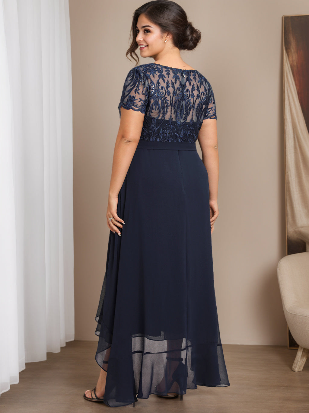 Unique Plus Size Mother of the Bride A Line Dress with Scoop Neck Short Sleeves Bow Ruffles & Sequins