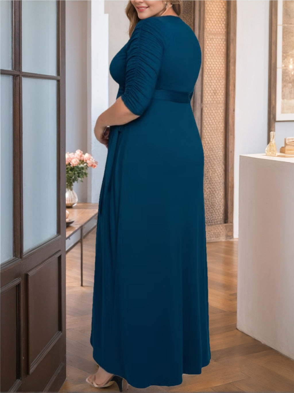 Unique Plus Size V Neck A Line Mother of the Bride Dress with Asymmetrical Ruffles and Half Sleeves