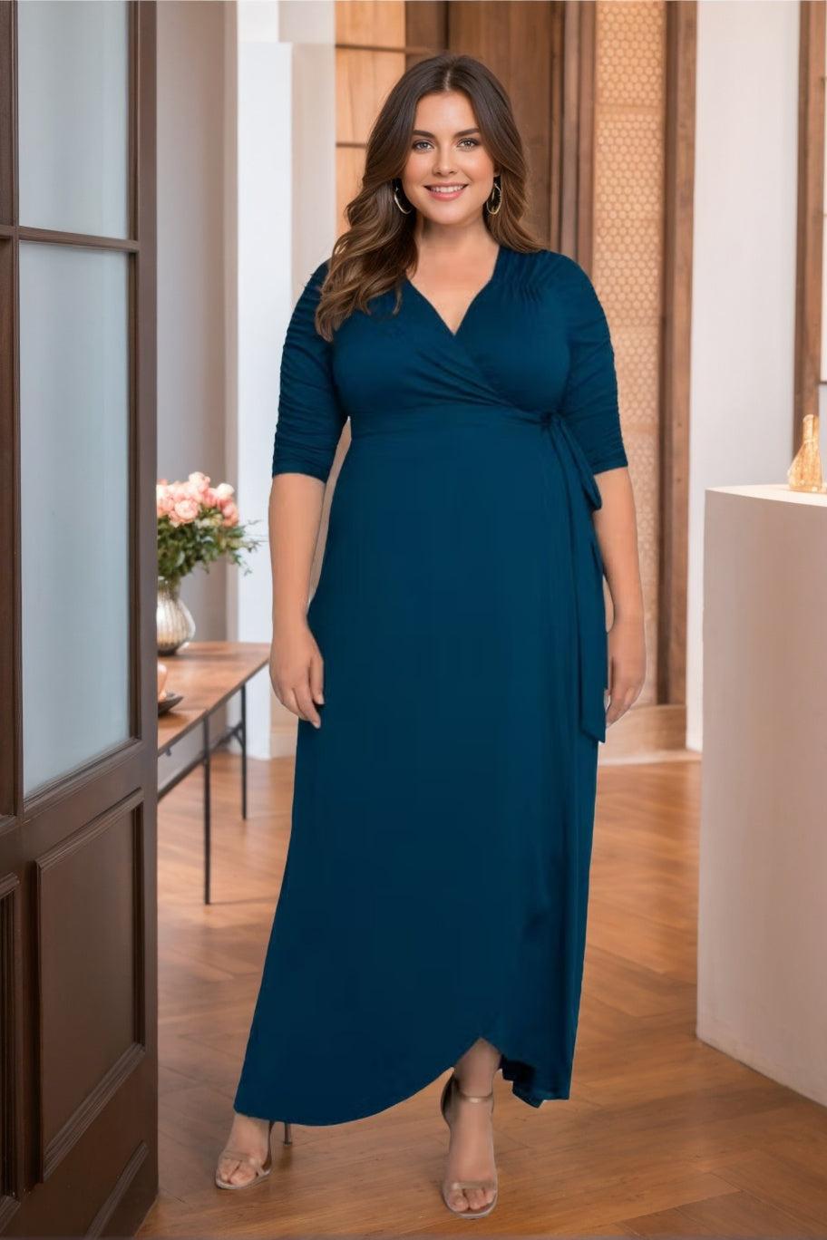 Unique Plus Size V Neck A Line Mother of the Bride Dress with Asymmetrical Ruffles and Half Sleeves