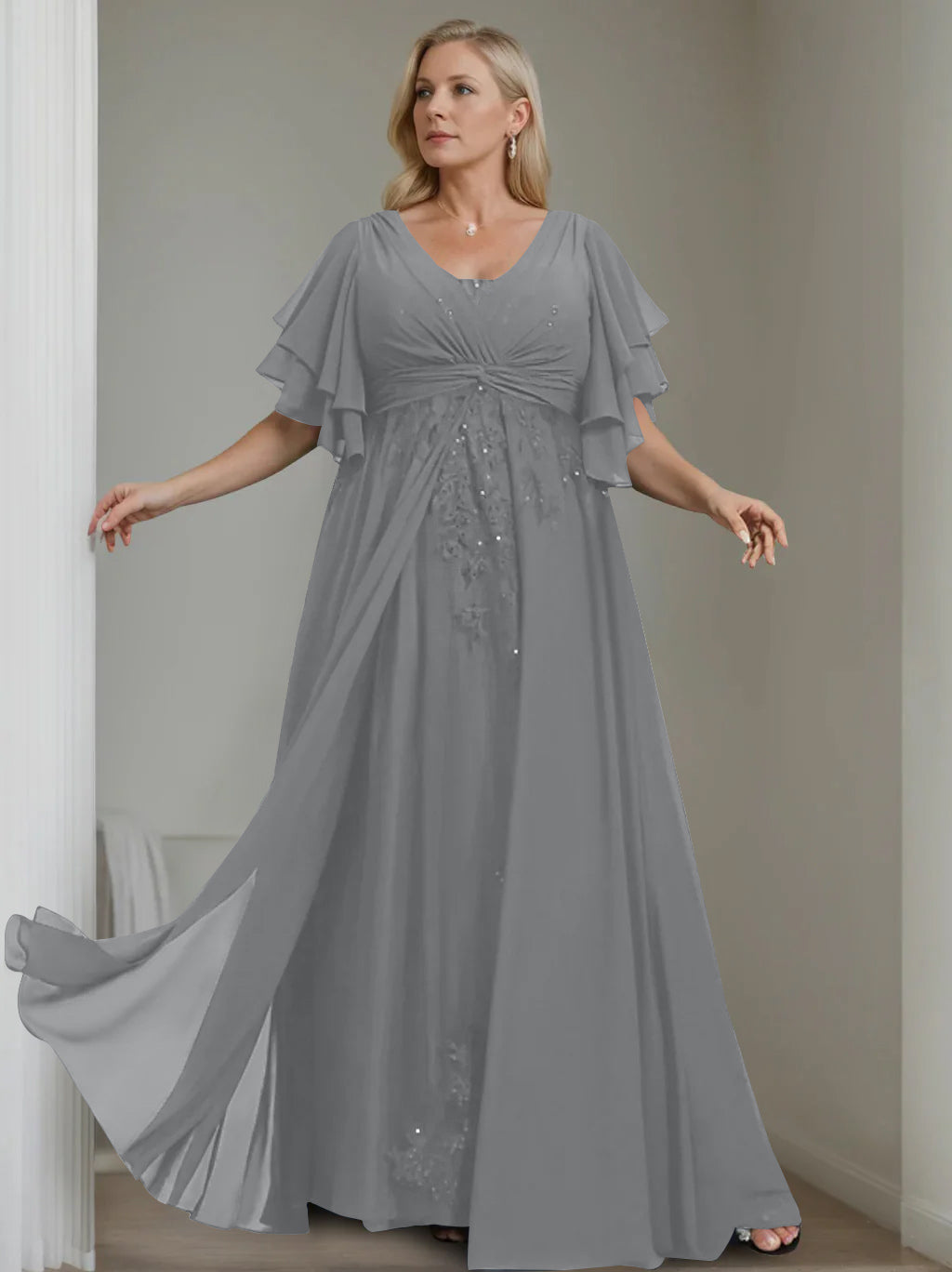 Unique Plus Size V Neck A Line Long Mother of the Bride Dress with Sequins and Half Sleeve Ruffles
