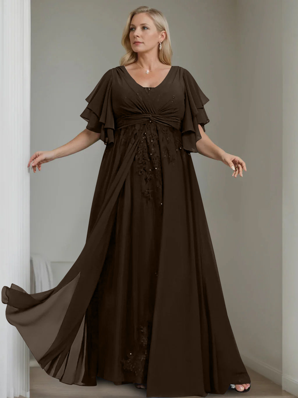 Unique Plus Size V Neck A Line Long Mother of the Bride Dress with Sequins and Half Sleeve Ruffles