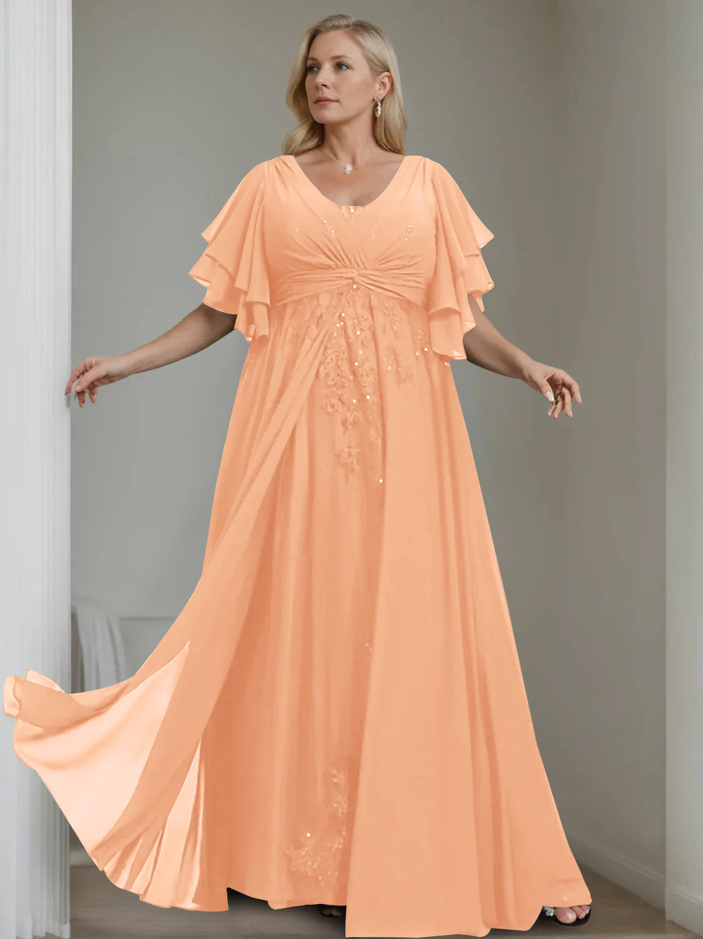 Unique Plus Size V Neck A Line Long Mother of the Bride Dress with Sequins and Half Sleeve Ruffles