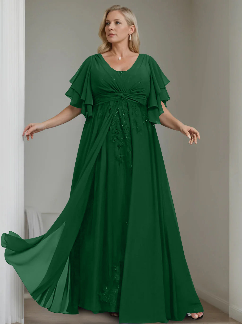 Unique Plus Size V Neck A Line Long Mother of the Bride Dress with Sequins and Half Sleeve Ruffles