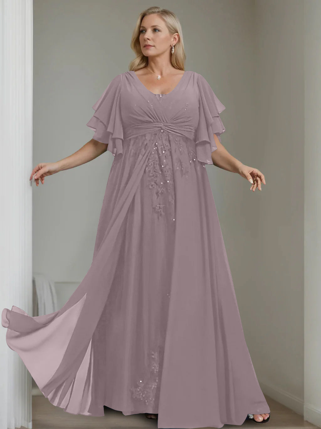 Unique Plus Size V Neck A Line Long Mother of the Bride Dress with Sequins and Half Sleeve Ruffles