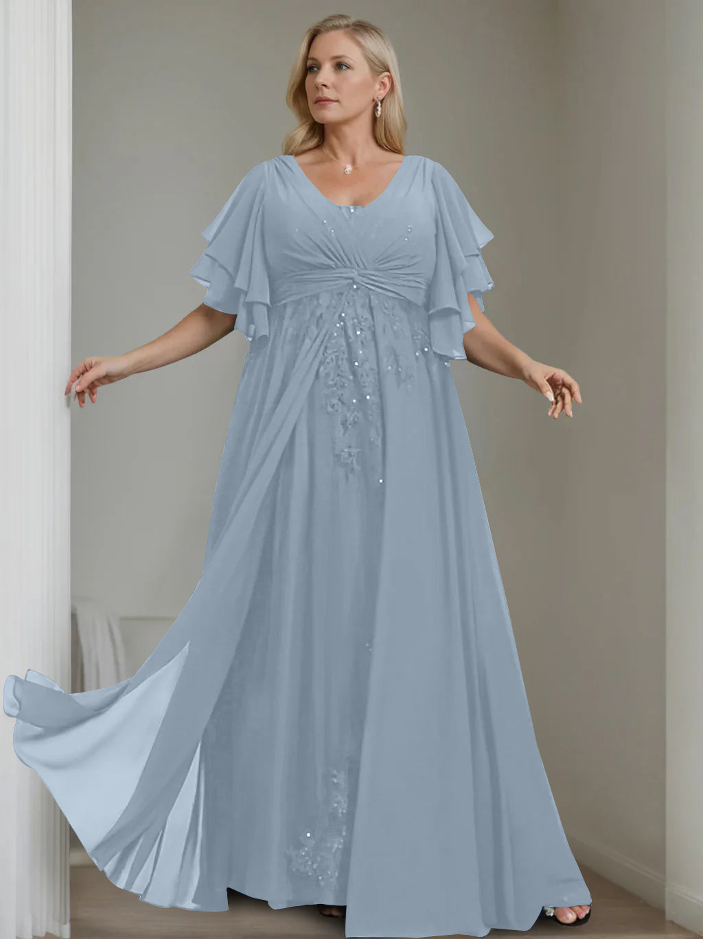 Unique Plus Size V Neck A Line Long Mother of the Bride Dress with Sequins and Half Sleeve Ruffles