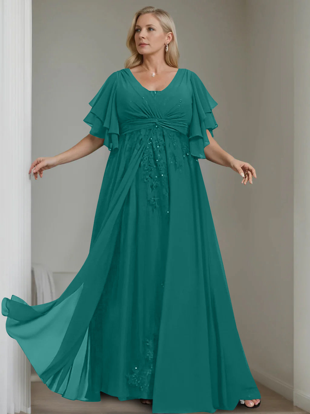 Unique Plus Size V Neck A Line Long Mother of the Bride Dress with Sequins and Half Sleeve Ruffles