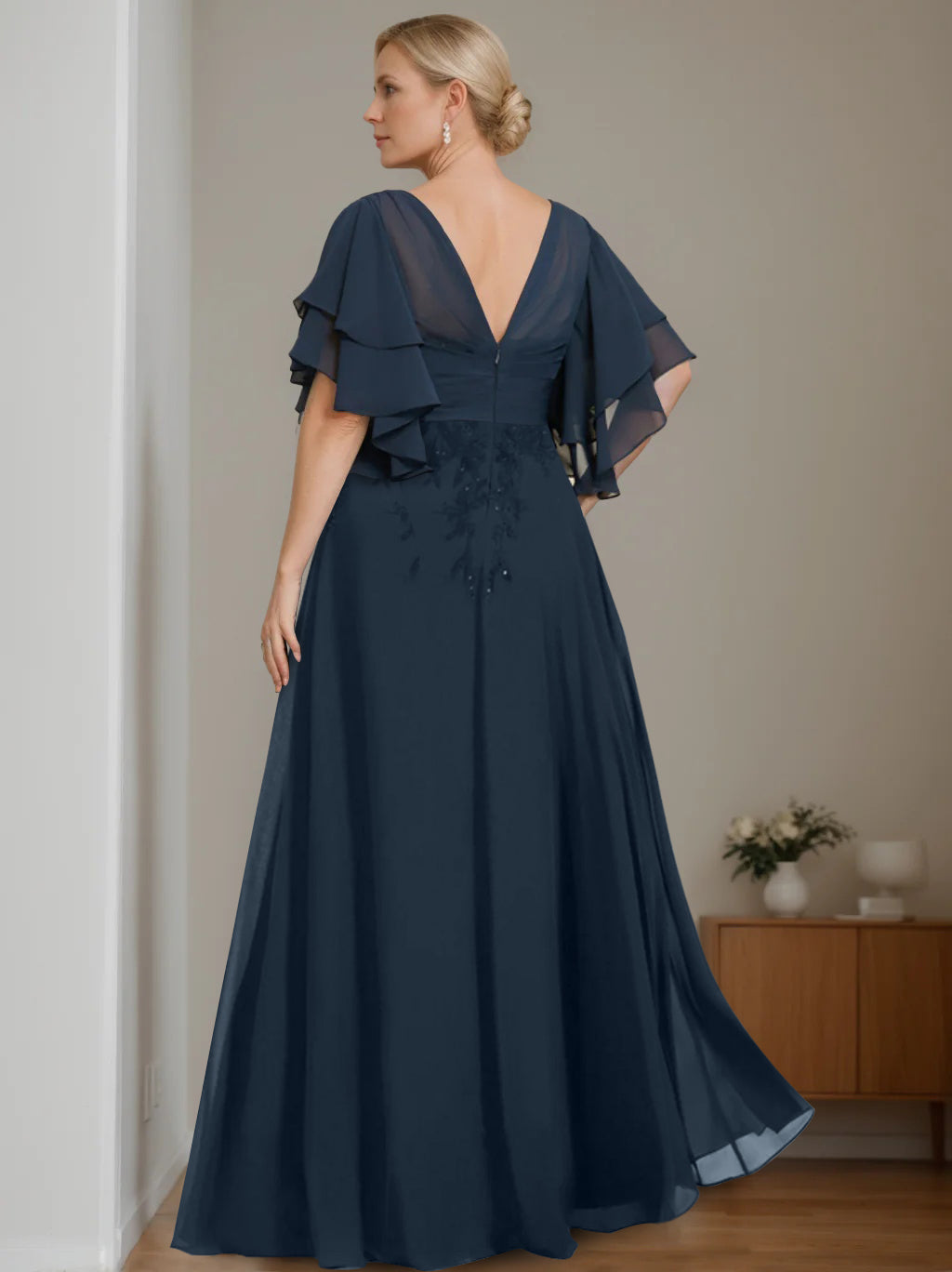 Unique Plus Size V Neck A Line Long Mother of the Bride Dress with Sequins and Half Sleeve Ruffles