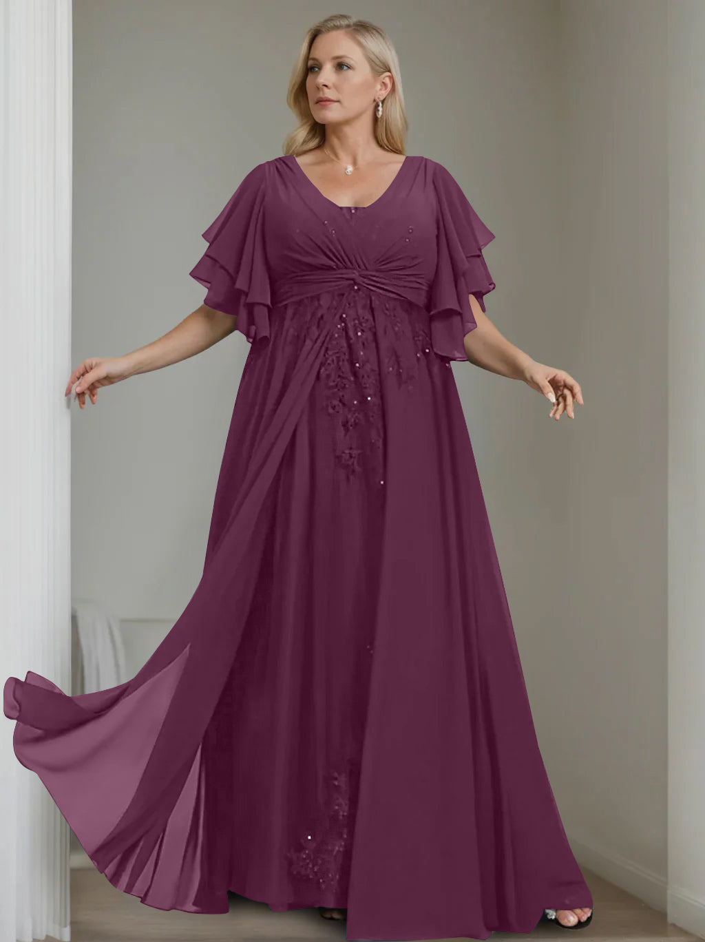 Unique Plus Size V Neck A Line Long Mother of the Bride Dress with Sequins and Half Sleeve Ruffles