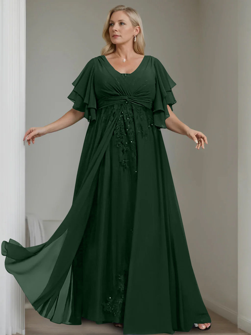 Unique Plus Size V Neck A Line Long Mother of the Bride Dress with Sequins and Half Sleeve Ruffles
