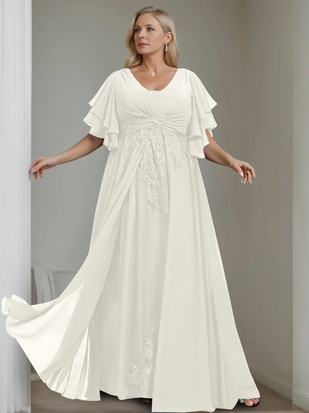 Unique Plus Size V Neck A Line Long Mother of the Bride Dress with Sequins and Half Sleeve Ruffles