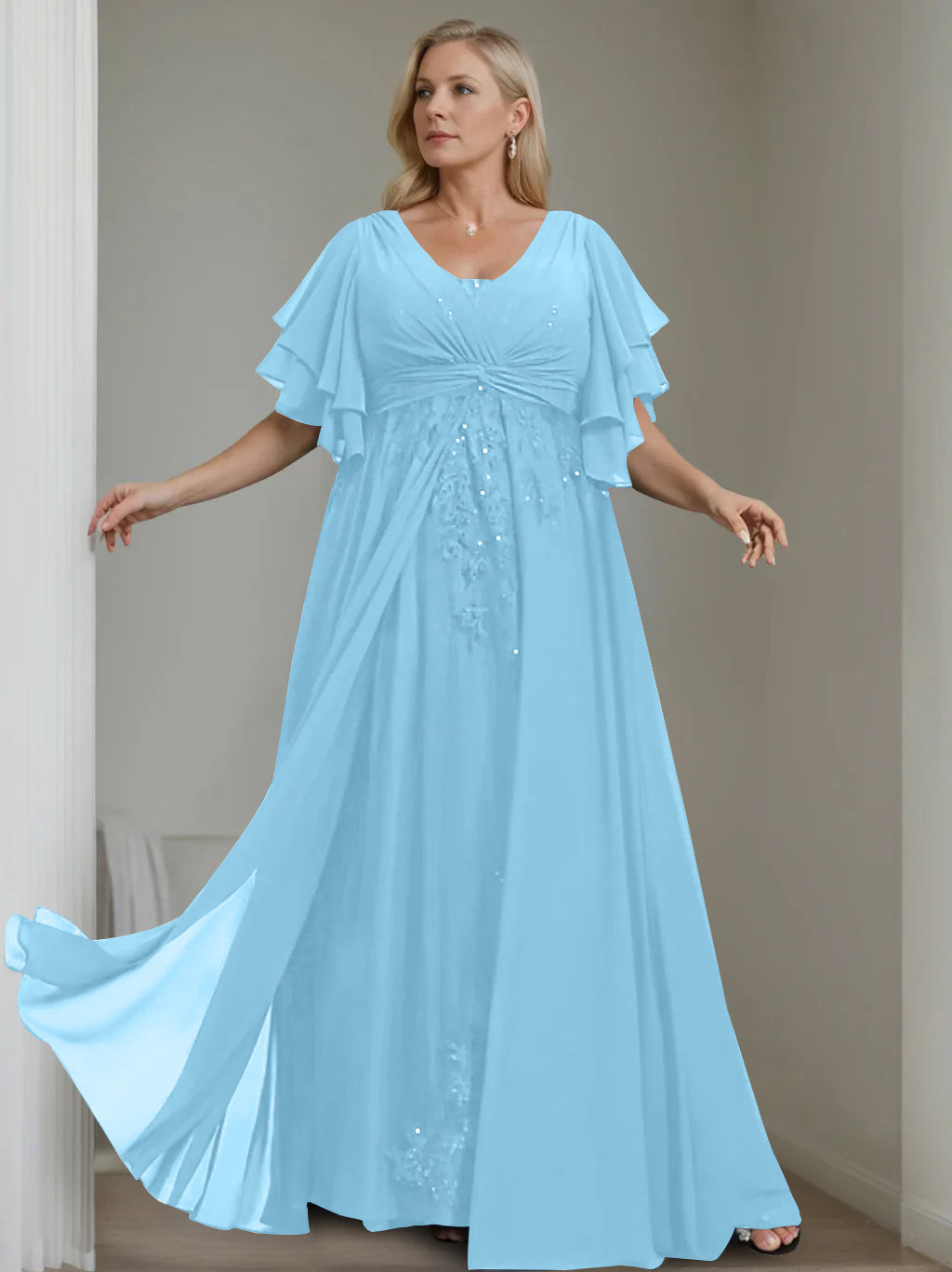 Unique Plus Size V Neck A Line Long Mother of the Bride Dress with Sequins and Half Sleeve Ruffles