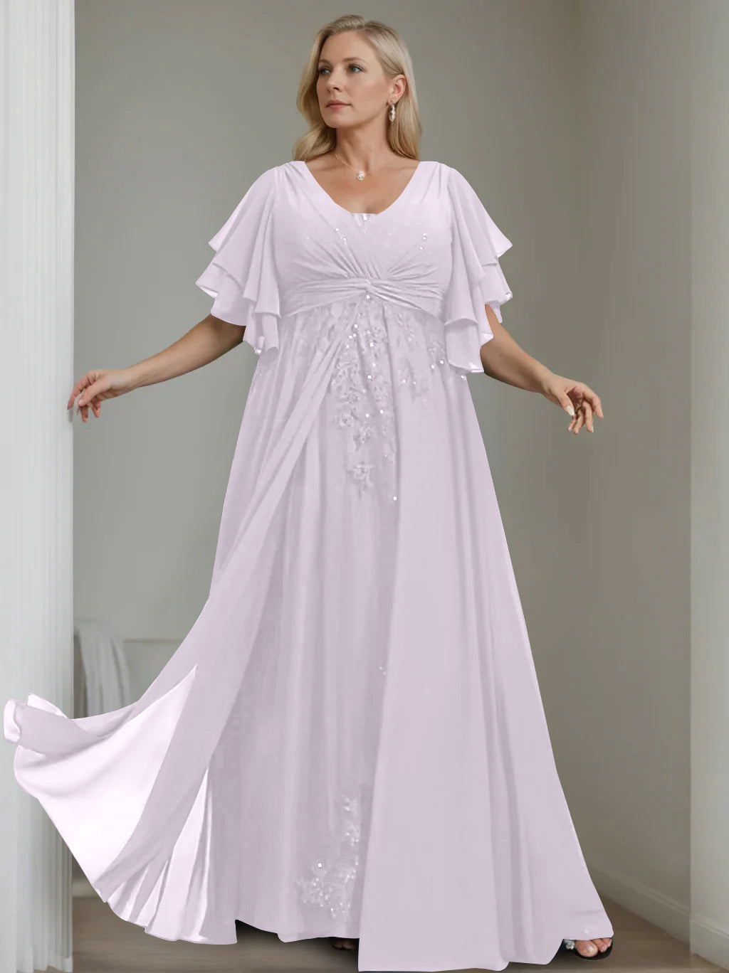 Unique Plus Size V Neck A Line Long Mother of the Bride Dress with Sequins and Half Sleeve Ruffles
