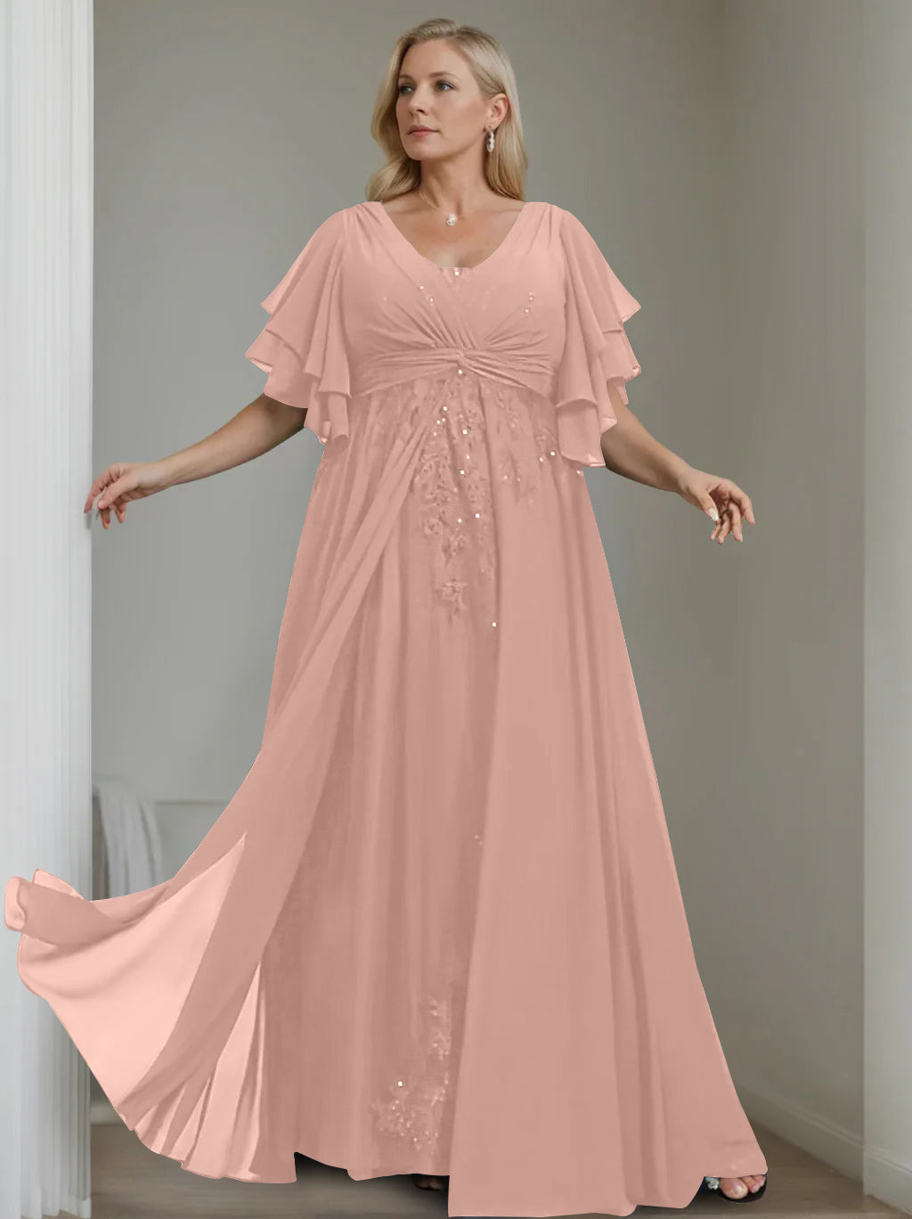Unique Plus Size V Neck A Line Long Mother of the Bride Dress with Sequins and Half Sleeve Ruffles