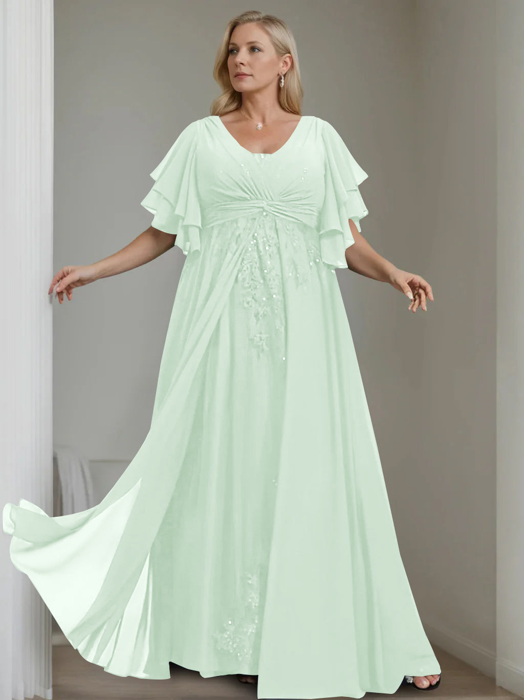 Unique Plus Size V Neck A Line Long Mother of the Bride Dress with Sequins and Half Sleeve Ruffles