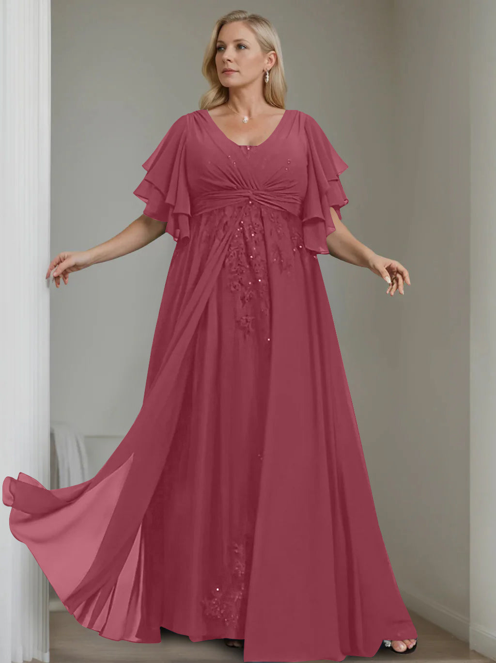 Unique Plus Size V Neck A Line Long Mother of the Bride Dress with Sequins and Half Sleeve Ruffles