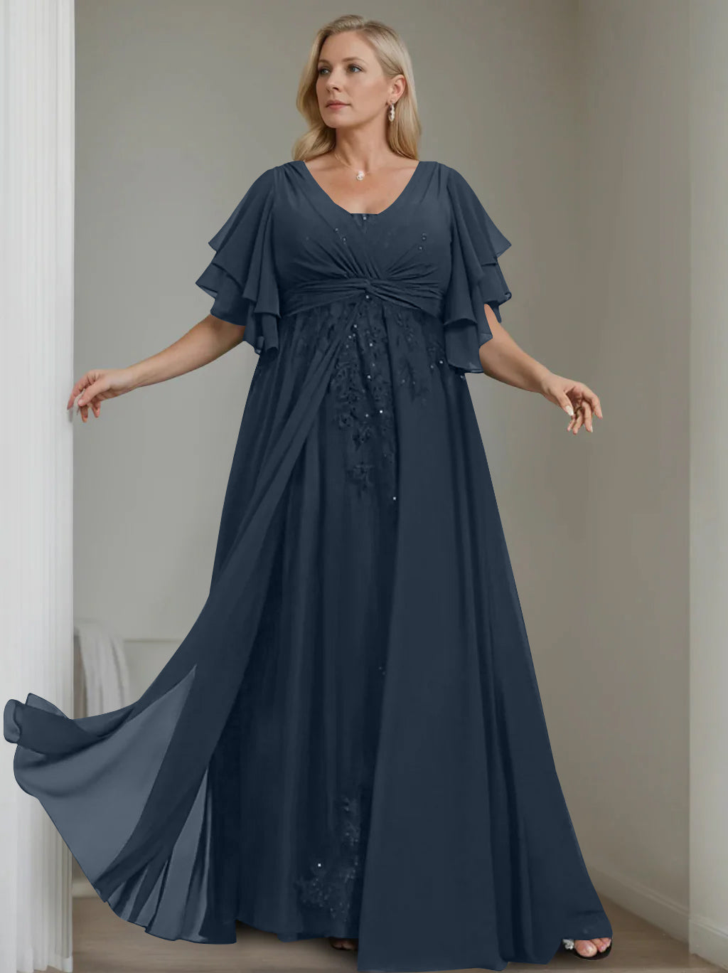 Unique Plus Size V Neck A Line Long Mother of the Bride Dress with Sequins and Half Sleeve Ruffles