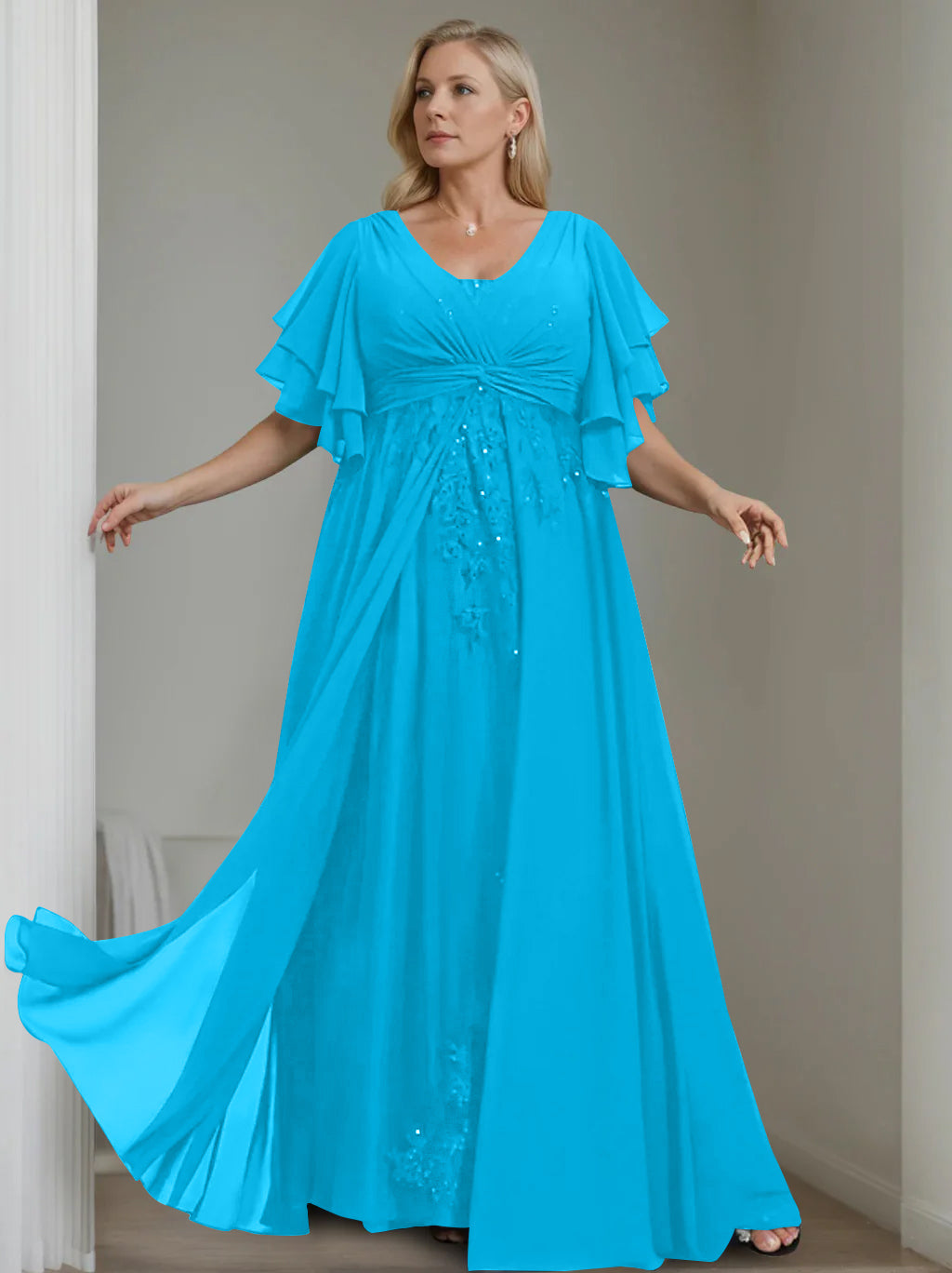 Unique Plus Size V Neck A Line Long Mother of the Bride Dress with Sequins and Half Sleeve Ruffles