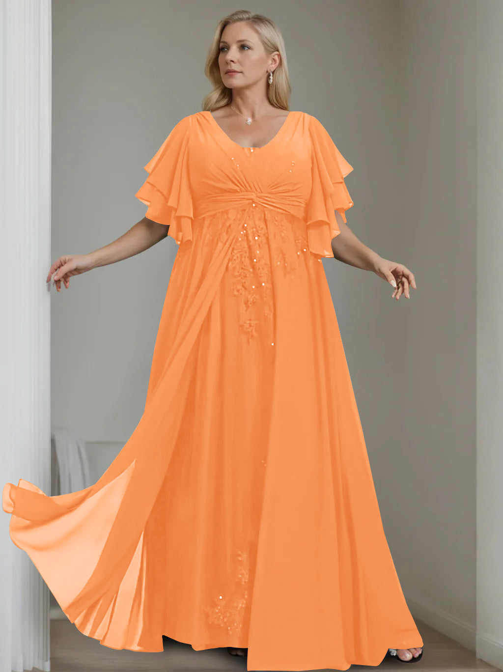 Unique Plus Size V Neck A Line Long Mother of the Bride Dress with Sequins and Half Sleeve Ruffles