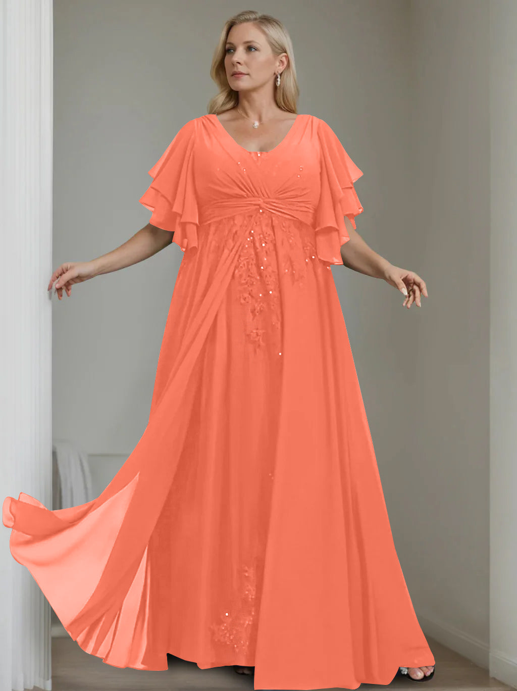 Unique Plus Size V Neck A Line Long Mother of the Bride Dress with Sequins and Half Sleeve Ruffles