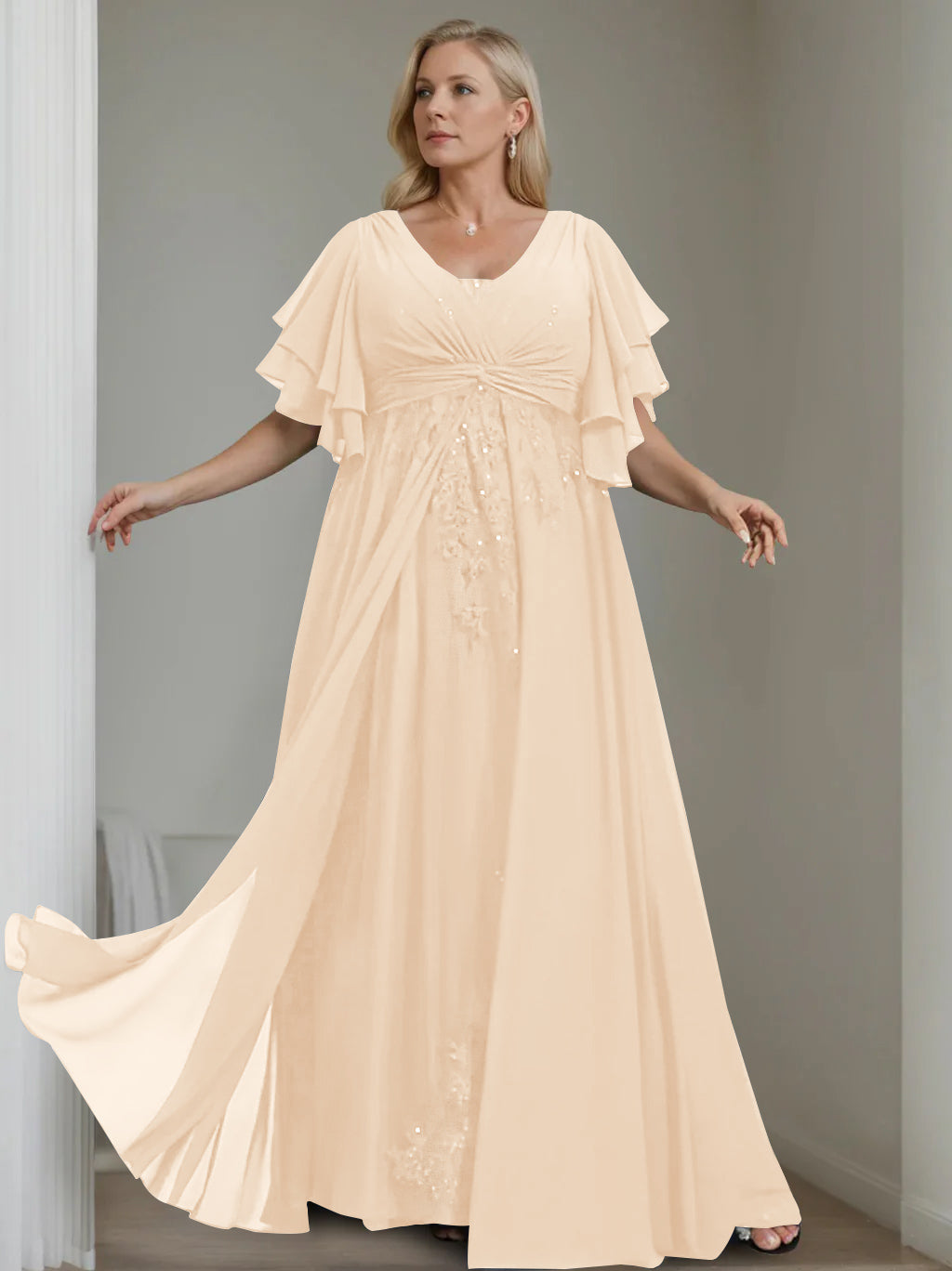Unique Plus Size V Neck A Line Long Mother of the Bride Dress with Sequins and Half Sleeve Ruffles