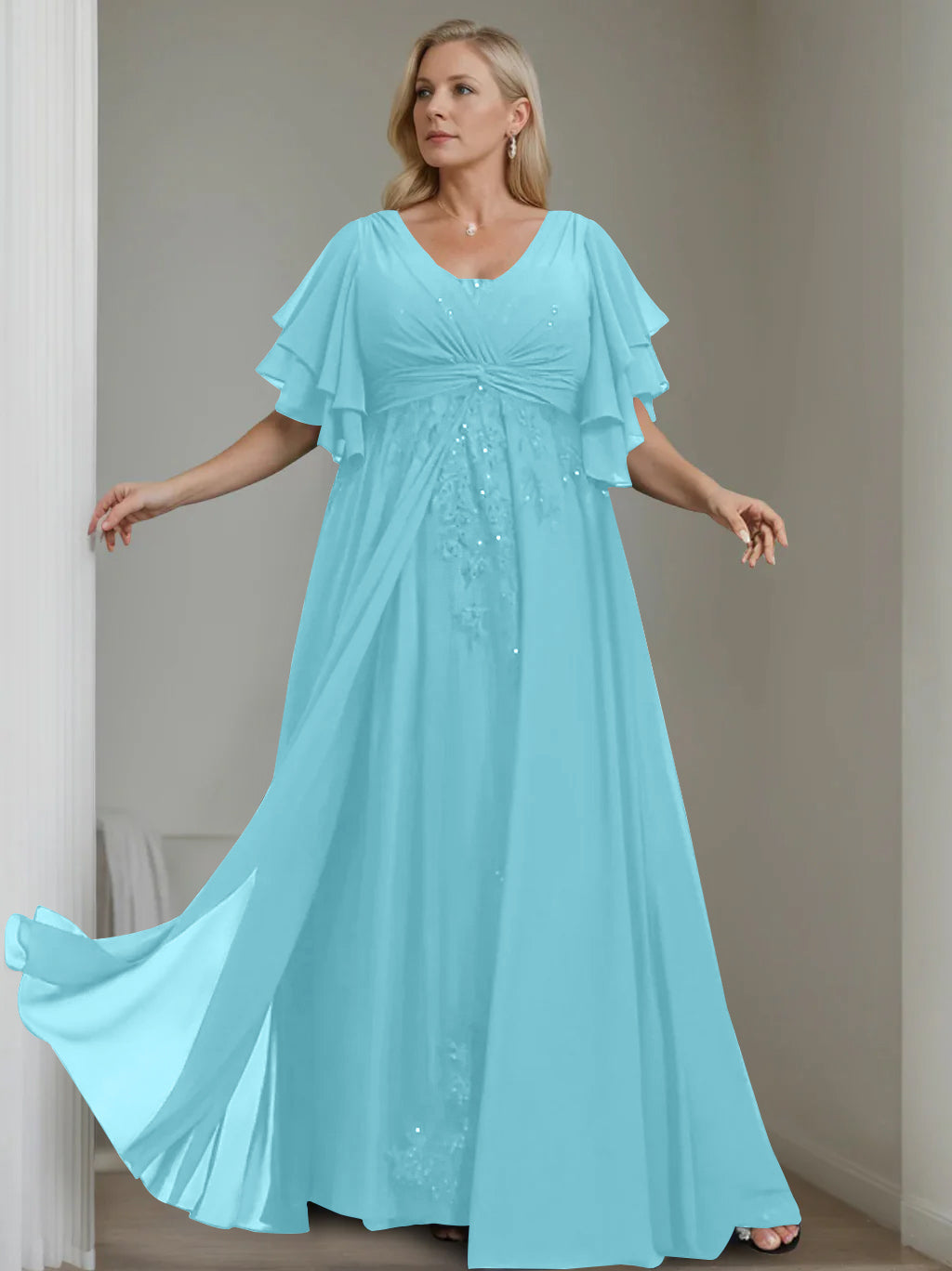 Unique Plus Size V Neck A Line Long Mother of the Bride Dress with Sequins and Half Sleeve Ruffles