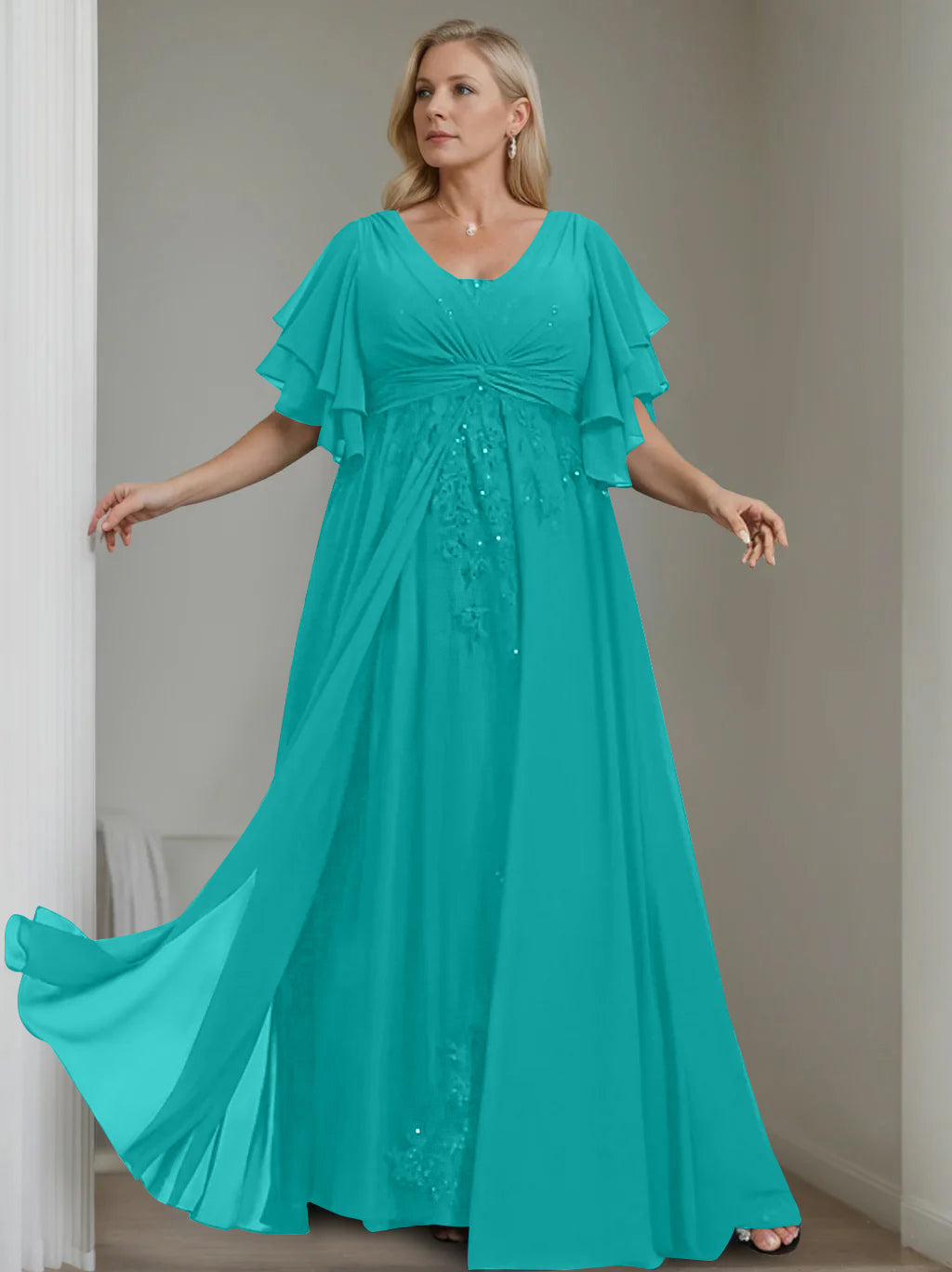 Unique Plus Size V Neck A Line Long Mother of the Bride Dress with Sequins and Half Sleeve Ruffles