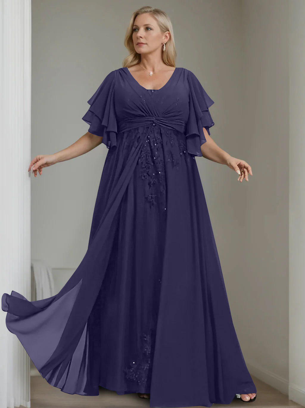 Unique Plus Size V Neck A Line Long Mother of the Bride Dress with Sequins and Half Sleeve Ruffles