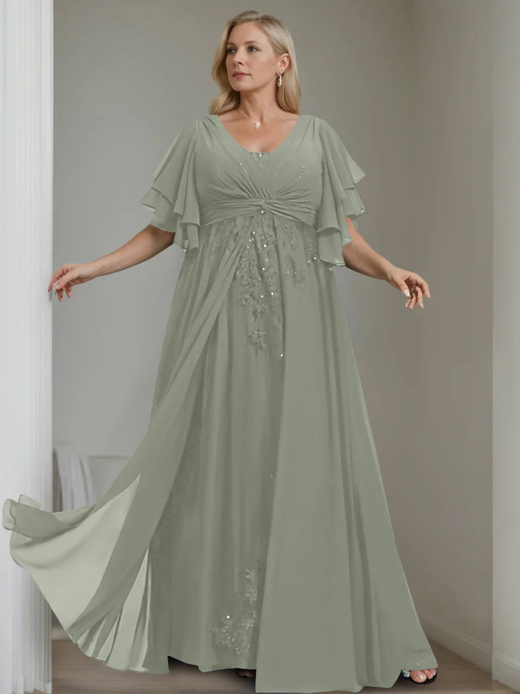 Unique Plus Size V Neck A Line Long Mother of the Bride Dress with Sequins and Half Sleeve Ruffles