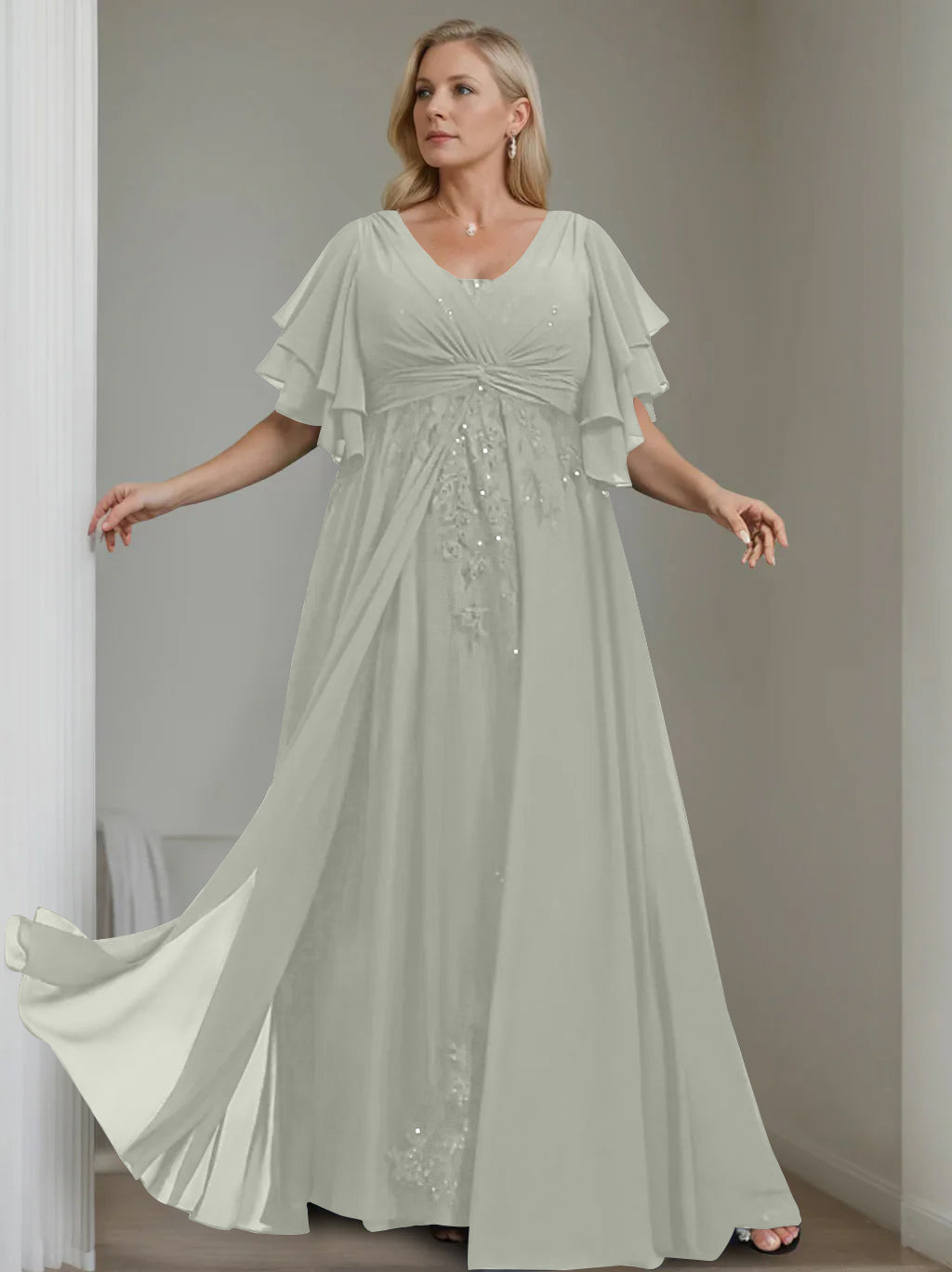 Unique Plus Size V Neck A Line Long Mother of the Bride Dress with Sequins and Half Sleeve Ruffles