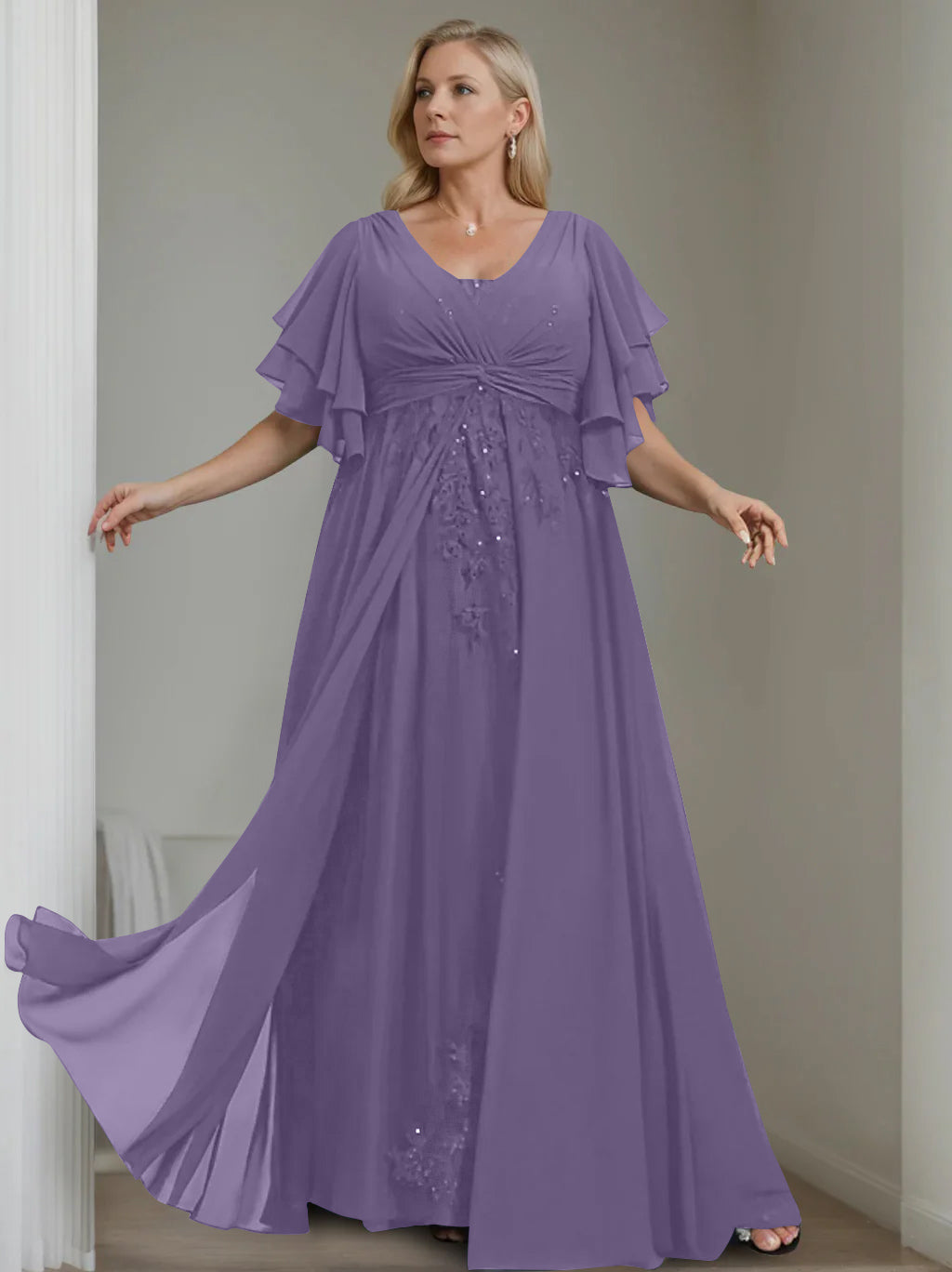 Unique Plus Size V Neck A Line Long Mother of the Bride Dress with Sequins and Half Sleeve Ruffles