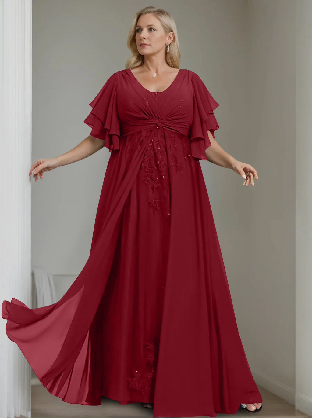 Unique Plus Size V Neck A Line Long Mother of the Bride Dress with Sequins and Half Sleeve Ruffles