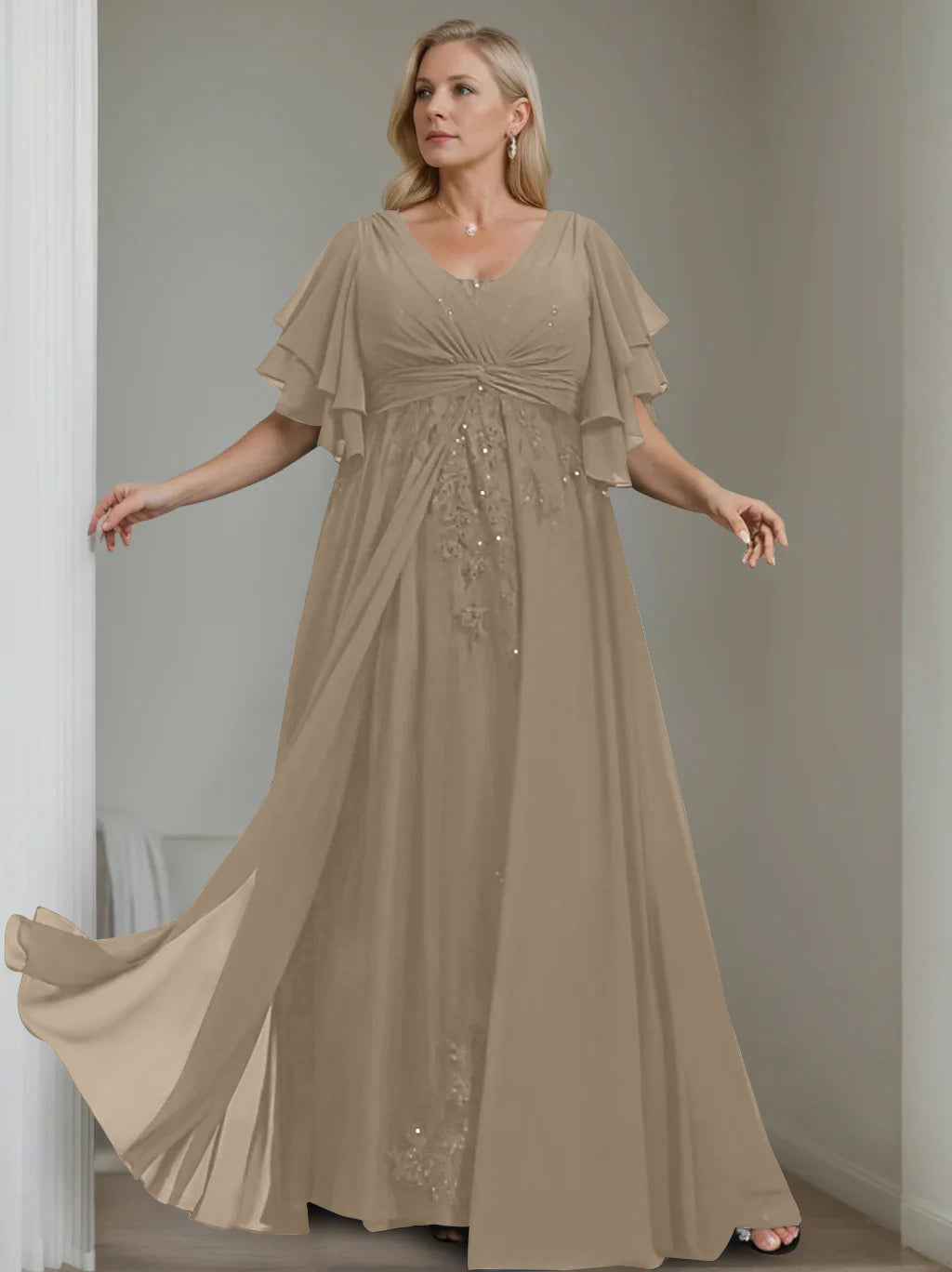 Unique Plus Size V Neck A Line Long Mother of the Bride Dress with Sequins and Half Sleeve Ruffles