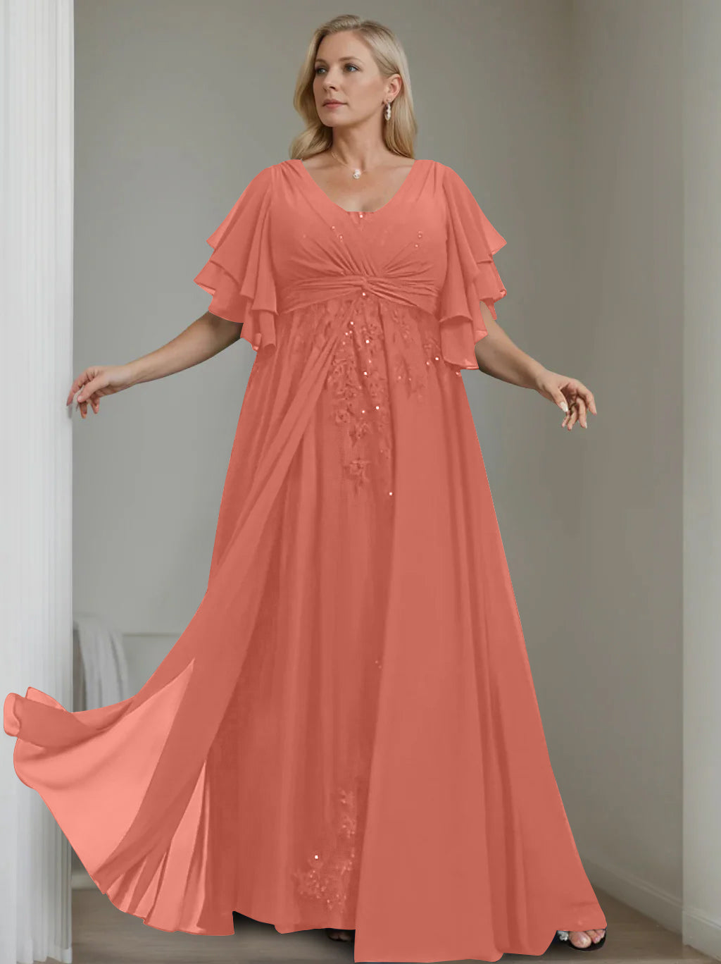 Unique Plus Size V Neck A Line Long Mother of the Bride Dress with Sequins and Half Sleeve Ruffles