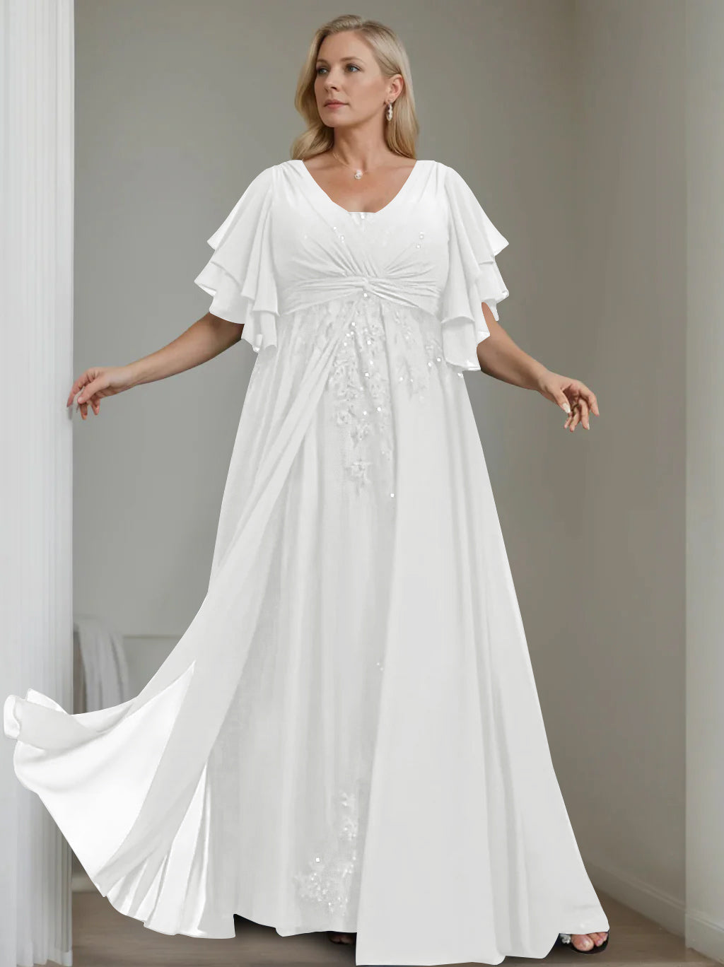 Unique Plus Size V Neck A Line Long Mother of the Bride Dress with Sequins and Half Sleeve Ruffles
