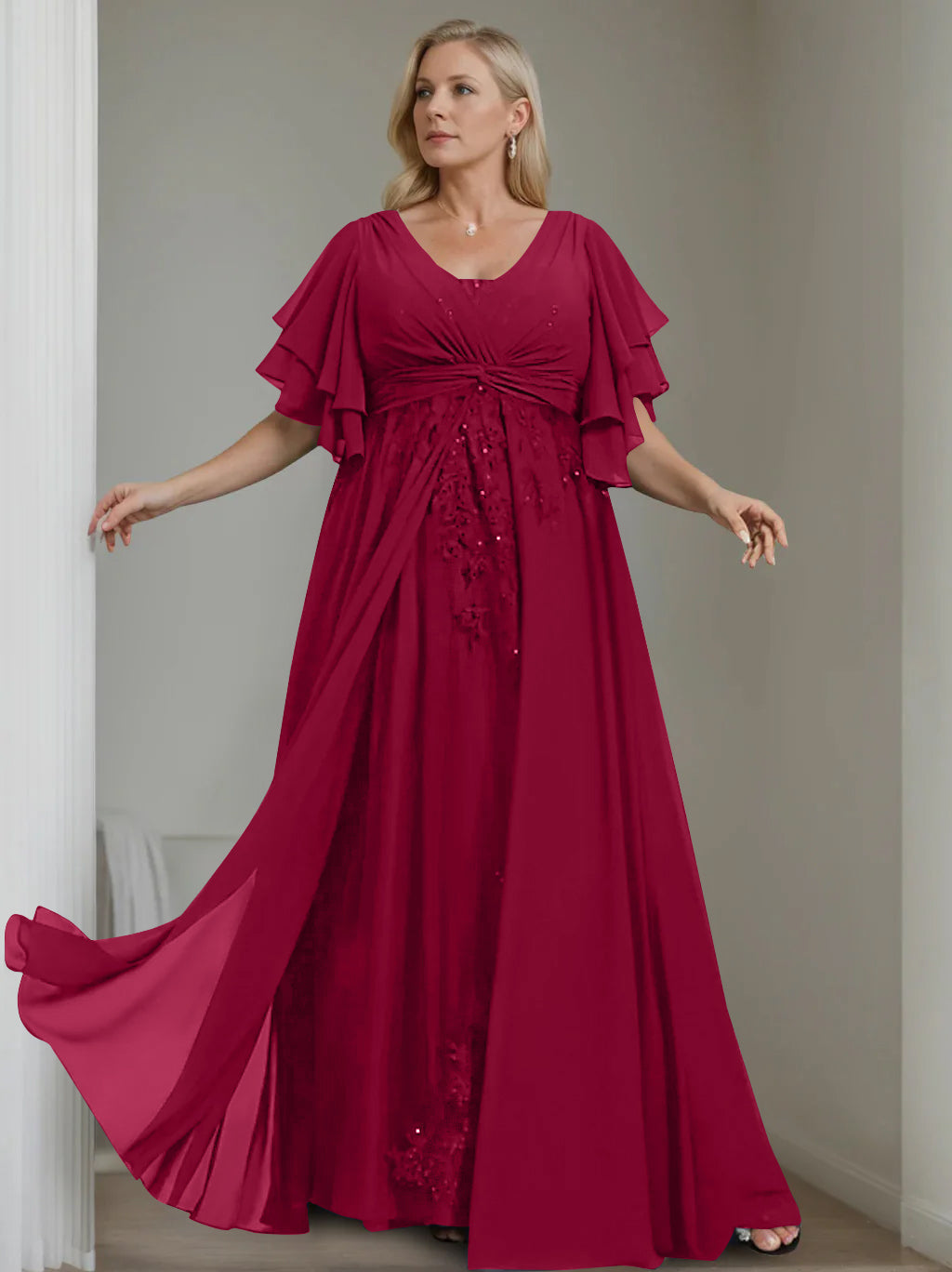 Unique Plus Size V Neck A Line Long Mother of the Bride Dress with Sequins and Half Sleeve Ruffles