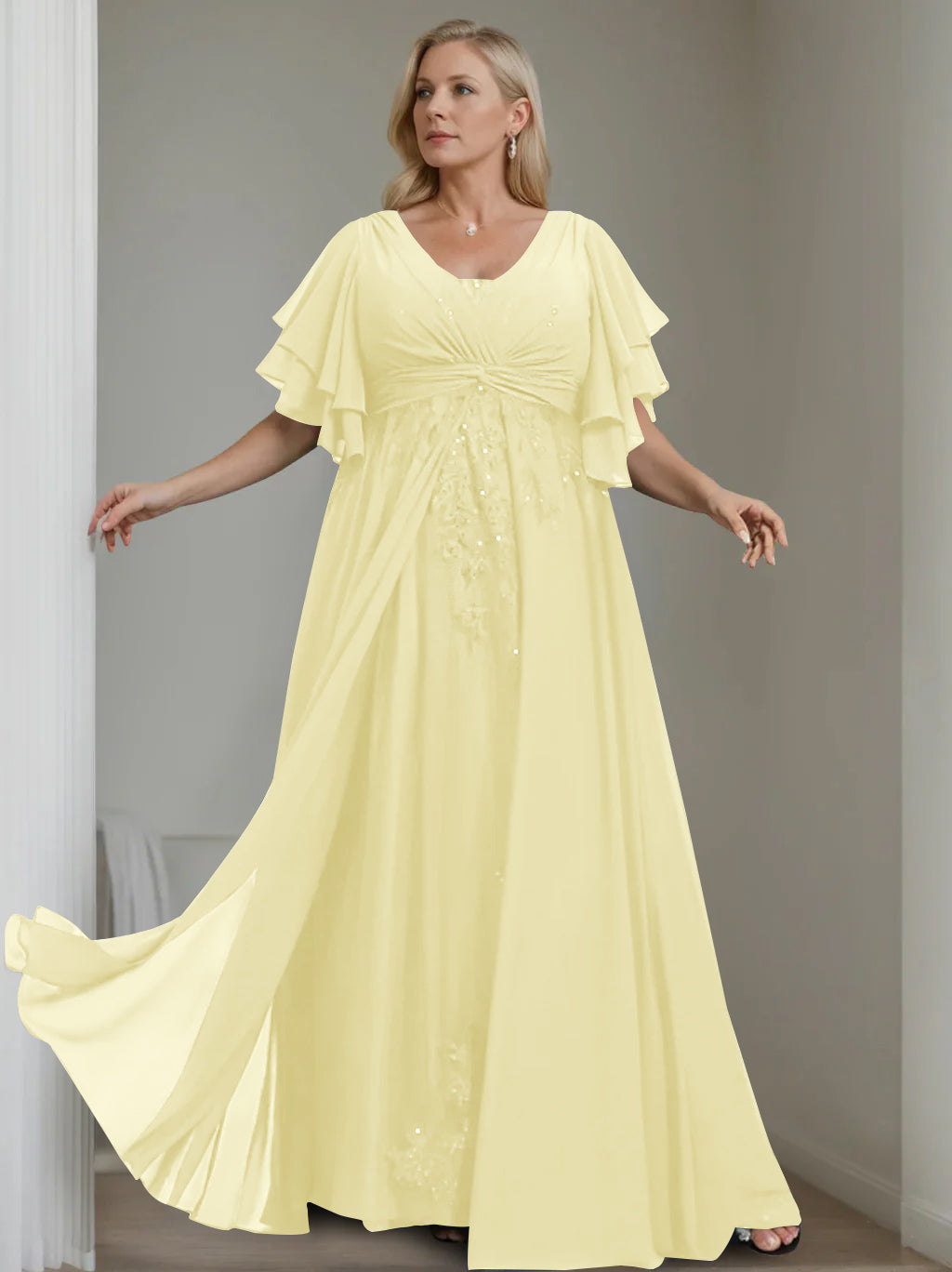 Unique Plus Size V Neck A Line Long Mother of the Bride Dress with Sequins and Half Sleeve Ruffles